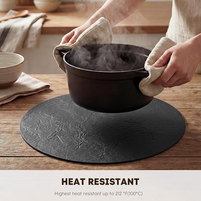 Artoid Mode Black Faux Leather Placemats Set of 6, 15 Inch Waterproof Wipeable Heat Resistant Vinyl Place Mats, Reversible Table Mats for Kitchen Dining Decor