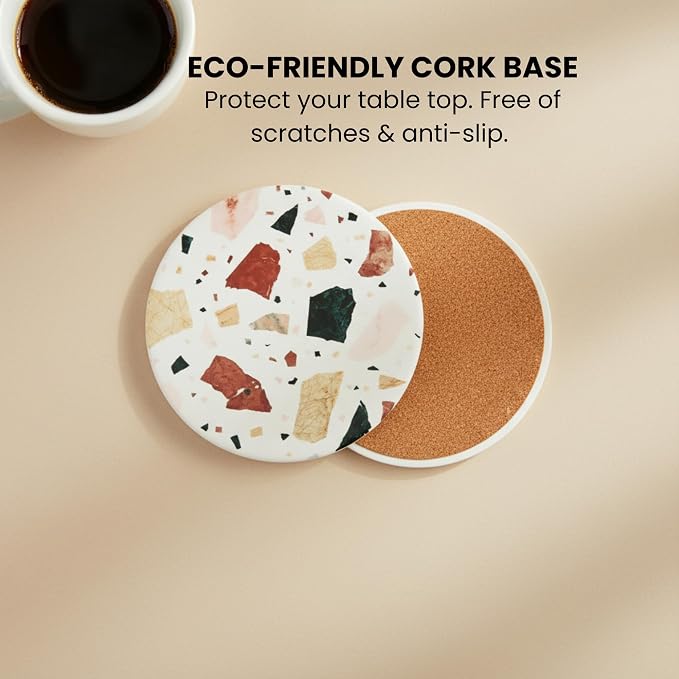 Terrazzo Coasters Set of 6, Ceramic Absorbent Drink Coasters, Cute Mid Century Boho Coaster, Coffee Table Desk Decor, Colorful Stone Coaster for Drinks