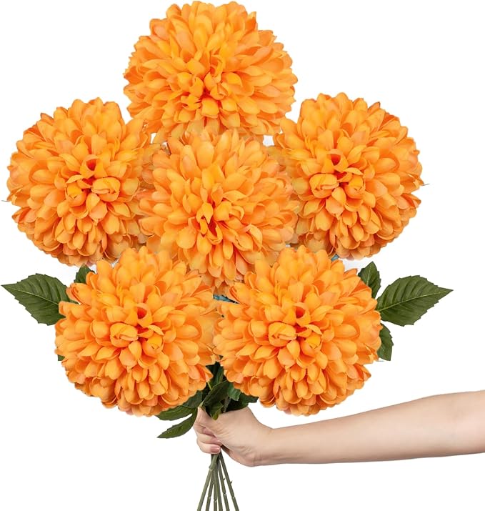 Briful [6PCS Autumn Artificial Chrysanthemum Flowers – 25.6” Long Stem Faux Silk Flowers with Large 6” Bloom Heads, Realistic Plastic Leaves – for Home Wedding Party Office Fall Decor (Orange)