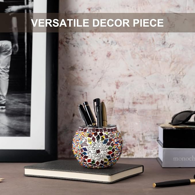 KAFTHAN Mosaic Glass Large Single Candle Holder - Round Bowl, Plant Pot, Votive Candle Holder - Decorative Vase & Unique Centerpiece for Wedding, Ball & Home - (3.7" x 3.5", Multicolor Star Circle)