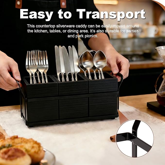 Kitchen Utensil Holder for Countertop, 3 Compartments Wooden Utensils Organizer for Cooking Utensils, Silverware, Spatula, Fork, Knife, Cutlery Storage for Kitchen Counter-Black
