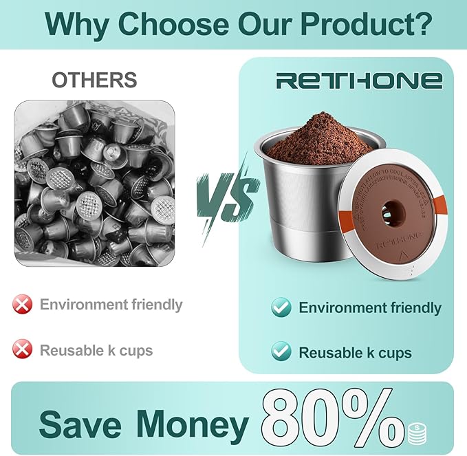 RETHONE K Cup Reusable Coffee Pods, Stainless Steel Reusable K Cups Compatible with Keurig 1.0 & 2.0 Coffee Machines Brewers Refillable K Cups (2 Pack)