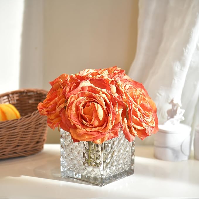 Artificial Rose in Glass Vase Vintage Silk Flower Arrangement with LED Light for Table Centerpiece Home Wedding Decoration (Orange)