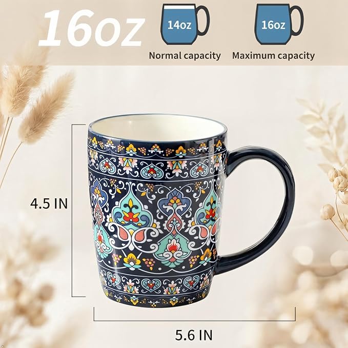glowworm Coffee Mugs Set of 6, 16 oz Ceramic Coffee Mug with Handle, Large Coffee Cups for Latte, Cappuccino, Milk, Colorful Cup for Mom, Dishwasher & Microwave Safe, Bohemian