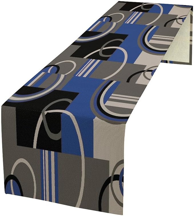 Modern Geometric Table Runner Abstract Blue Black Gray Minimalist Contemporary Geometry Circle Swirls Dinner Runner for Kitchen Dining Holiday Party Decor 13x120in