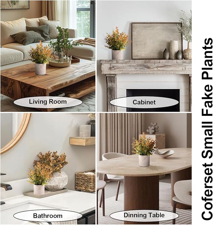 Coferset 2 Pack Small Fake Plants Eucalyptus Potted Artificial Plants for Shelf Desk Home Bathroom Farmhouse Room Coffee Table Decor Fall Decor (Yellow)
