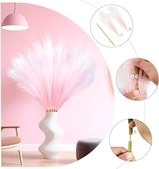 TORONTOKYO 8Pcs Pink Faux Pampas Grass Tall Decor, 35.4” Fluffy Artificial Pompous Grass Branches, Large Pampas Grass Reed Stems for Floor Vase Filler, Wedding, Baby Shower, Home and Boho Decor
