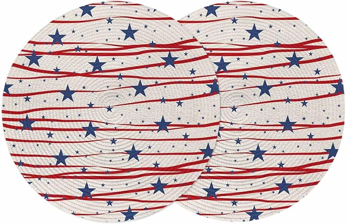 4th of July Round Placemats Set of 2 Patriotic Stars Place Mats Independence Day Woven Placemat Freedom Red Stripes Circle Braided Table Mat for Kitchen Dining Table Holiday Party Decor 15 Inch