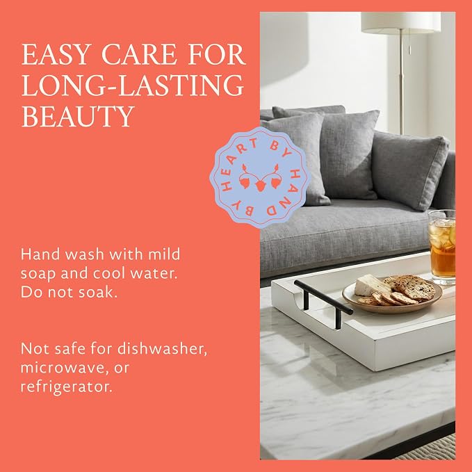 Mela Artisans 16 x 13 x 2.25 in Acacia Wood Serving Tray with Handles – Shabby White Rectangular Wooden Tray for Breakfast in Bed, Coffee Table Decor & Home Display