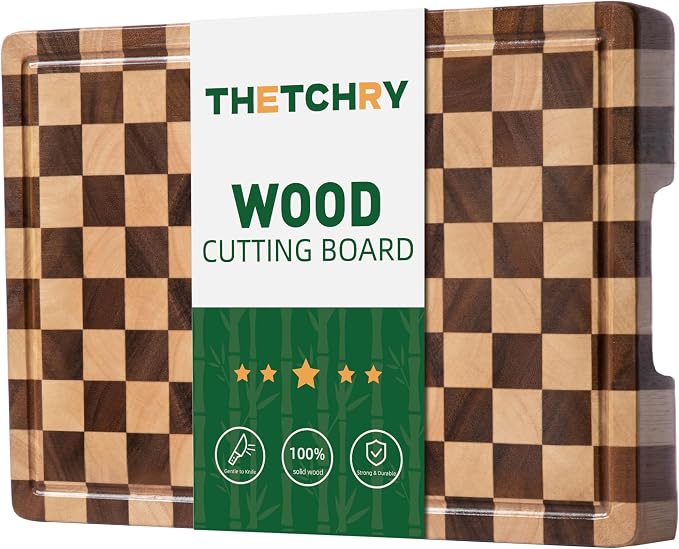 THETCHRY Cutting Boards for Kitchen, Checkered Cutting Board End Grain, Acacia Wooden Chopping Board with Juice Groove & Handle, Serving Tray for Meat, Bread & Fruit, 14"L x 11"W x 0.8"Th