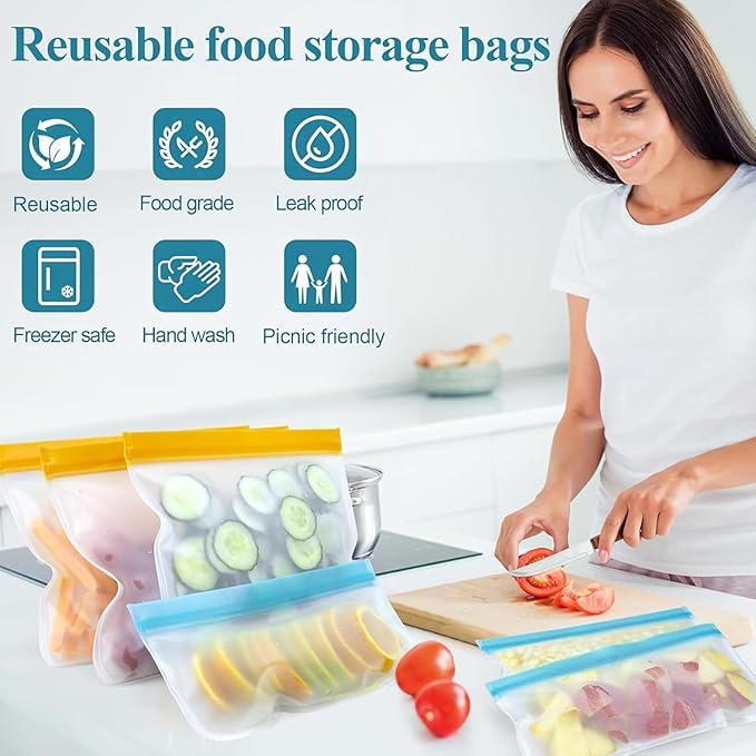 10Pack Reusable Freezer Bags, Leakproof Silicone Food Storage Bags, Dishwasher Safe Bpa Free Reusable Bags For Lunch Marinate & Travel - 3 Gallon, 4 Sandwich, 3 Snack Sizes
