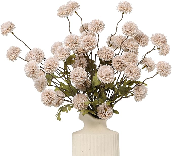 DuHouse 9pcs Artificial Flowers Faux Silk Pompon Mum,Silk Small Mini Chrysanthemum Ball with Stems for Wedding DIY Champagne Arrangements Bouquets Centerpieces Home Decorations(Beige)