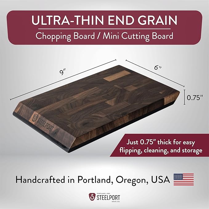 STEELPORT Small Cutting Board 9"x6" - Steel Reinforced, Utlra-thin Butcher Block | Dual Sided - End-grain Walnut Wood, Composite Side | Chopping Board with Juice Groove | USA Made for Home, Chefs