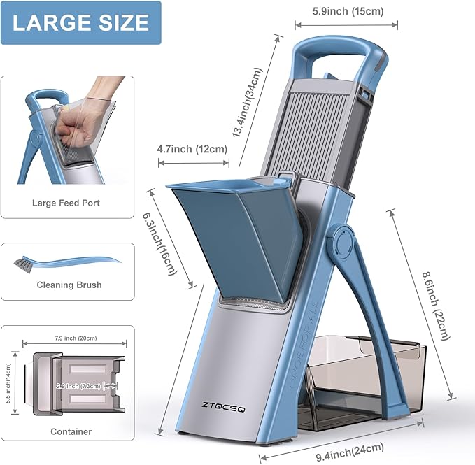 [All in 1] Upgraded Version Safe Mandoline Slicer for Kitchen, Adjustable Thickness. Veggie Slicer, Rapid Prep Mandoline, Detachable Blade, Cleaning Brush (Blue)