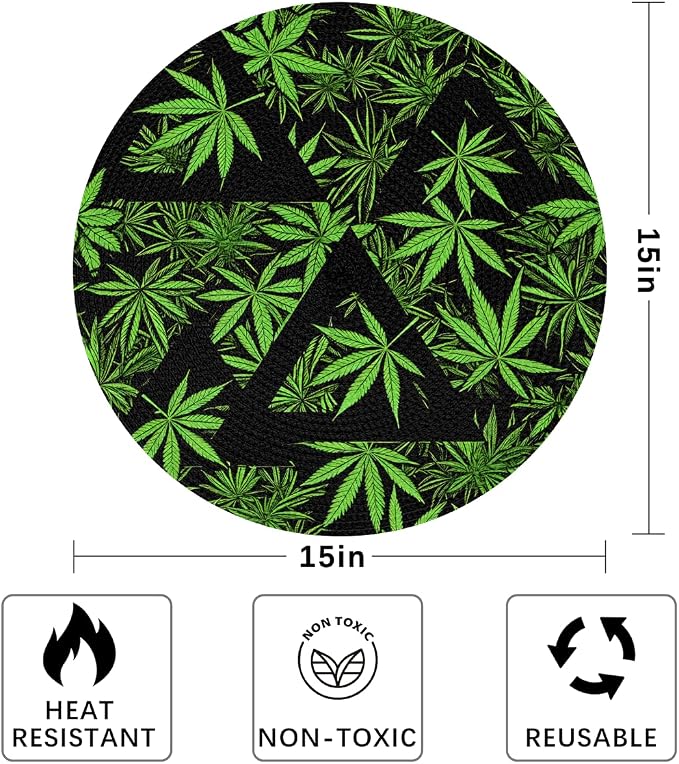 Round Placemats Set of 6, Green Marijuana Leaves Triangle Woven Placemats Mats Non-Slip Heat Resistant Washable Table Mats Round Braided Place for Farmhouse Kitchen Dining Party Decor 15in