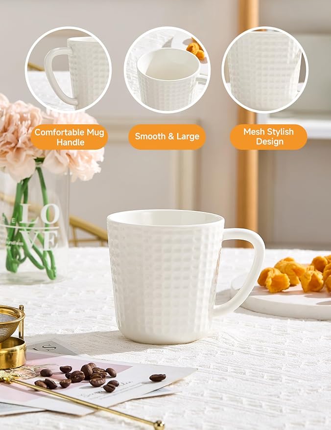 15 oz Ceramic Coffee Mugs Set of 6 - White Waffle Embossed Coffee Cups with Large Handle - Mugs for Latte, Cappuccino & Hot Cocoa - Dishwasher & Microwave Safe - Father's Day & Housewarming Gift