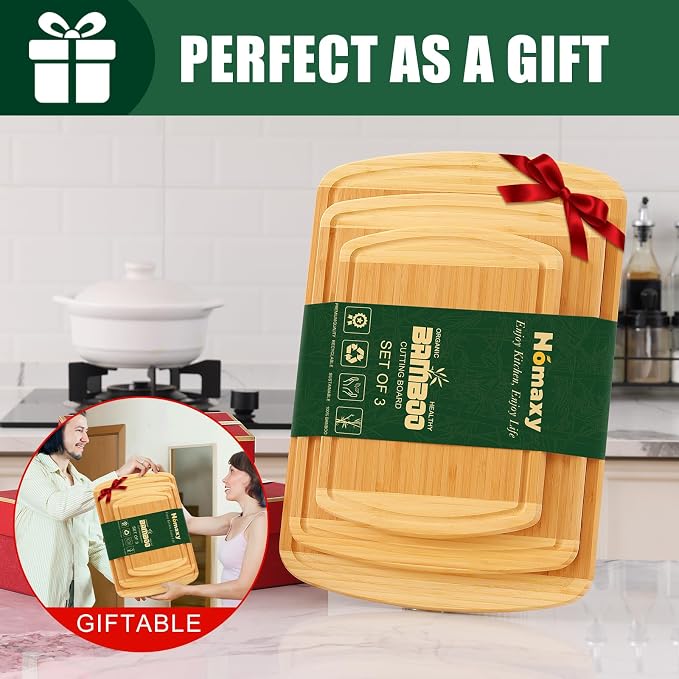 Homaxy Bamboo Cutting Boards for Kitchen Set of 3, Wood Cutting Board Set with Juice Groove, Wooden Butcher Block Chopping Board Set for Kitchen, Meat, Cheese, Fruit & Vegetables - Pre Oiled, Two-Tone
