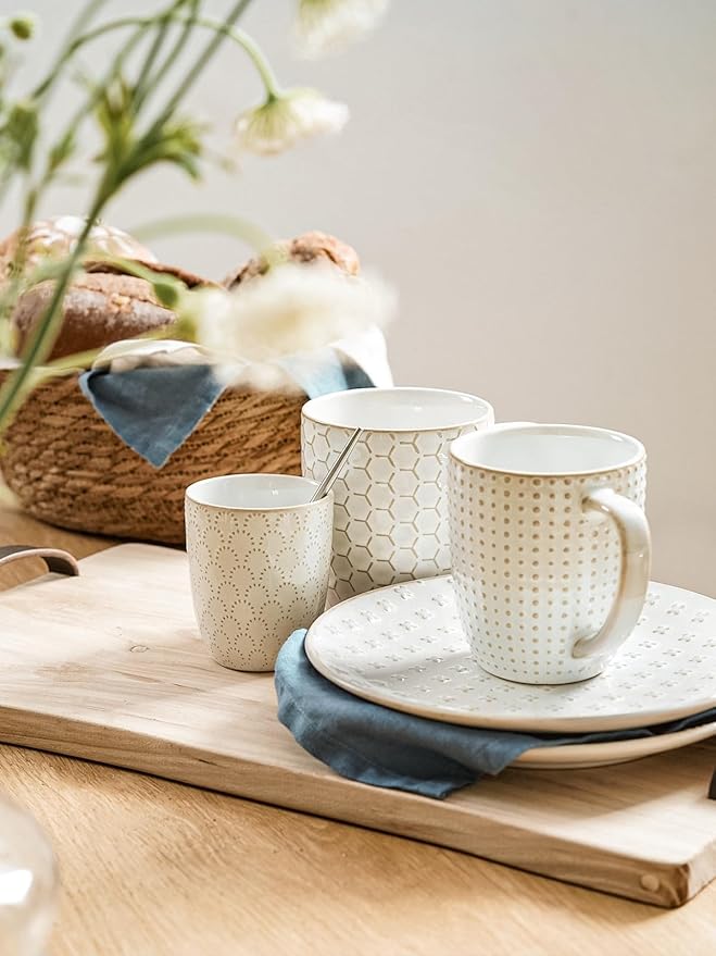 LE TAUCI Coffee Mugs 16 oz,Ceramic Mug Set, Embossment Cups for Latte, Hot Tea, Cappuccino, Mocha, Cocoa, Dishwasher Safe, Suit For Housewarming Wedding- 3.8 inch, Set of 4, Arctic White