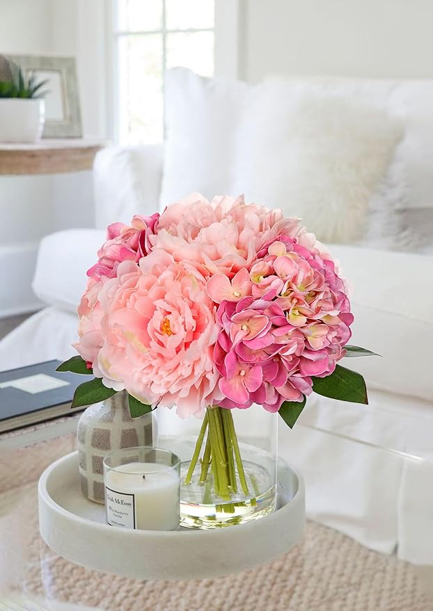 Hollyone Artificial Flowers Arrangements in Vase Pink Peonies and Hydrangea with Faux Water Faux Peony Hydrangea Flowers Silk Hydrangeas Fake Flower with Vase for Table Centerpiece Shelf Home Decor