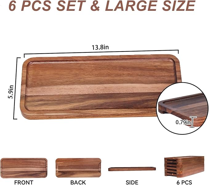 Wood Serving Trays Set of 6, 14 x 6 inch Acacia Wood Platters, Long Rectangular Wooden Trays for Charcuterie, Appetizers, Dessert, Party Serving & Kitchen Décor
