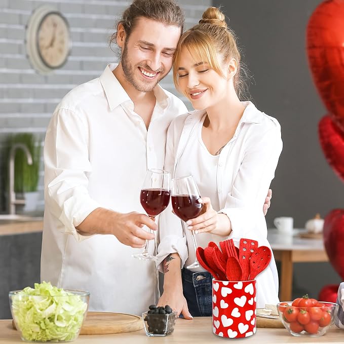 JarThenaAMCS Valentine's Day Ceramic Utensil Holder Red White Heart Utensil Crock for Wedding Home Kitchen Countertop Storage Organizer Container