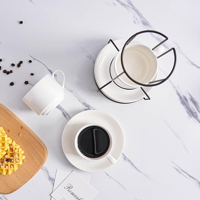 YOLIFE 8oz Porcelain Stackable Cappuccino Cups with Saucers and Metal Stand Set of 4, Coffee cups for Espresso, Specialty Coffee Drinks, Latte, Americano and Tea - White