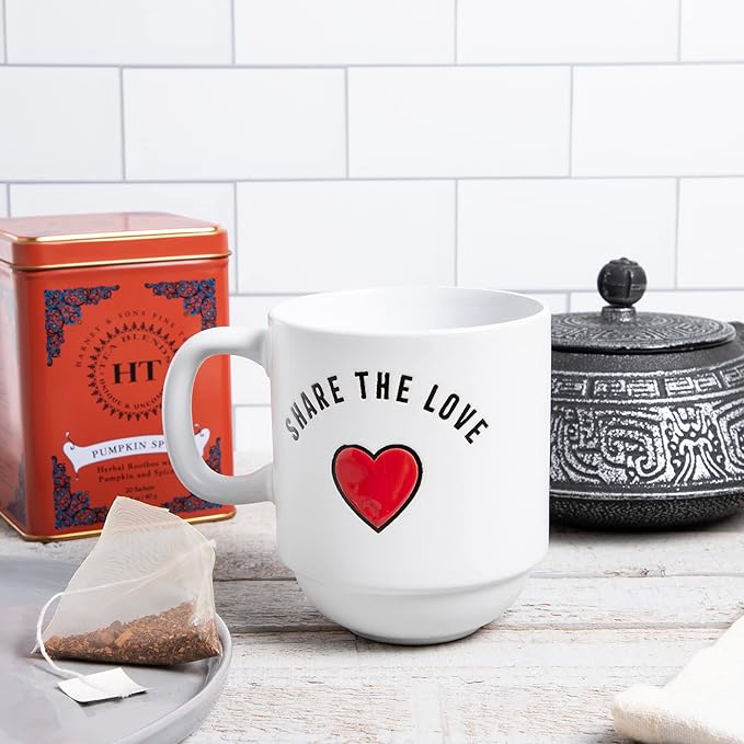 Sheffield Home Set of 4 Stackable Stoneware Mugs with a Metal Rack for Storage, Large Cups for Tea, Mugs for Latte, and Hot Chocolate (Heart Sentiments)