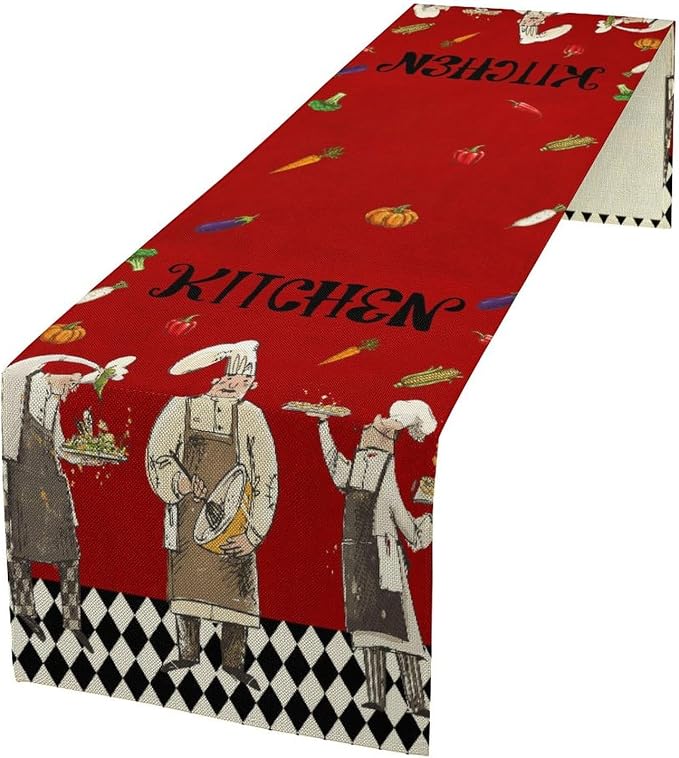 Chef Kitchen Table Runner, Red Simple Natural Vintage Plaid Country Quirky Chef Fruit Vegetable Pumpkin Corn Chilli Table Decor Table Top Dining Kitchen Wedding Party 13x90 in