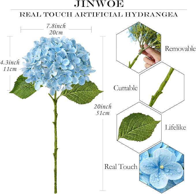 JINWOE 4Pcs Hydrangea Artificial Flowers, 20" Lifelike Latex Silk Real Touch Faux Hydrangea Flowers, Artificial Hydrangeas Bouquet for Wedding Centerpieces Tables Party Home (Sky Blue)