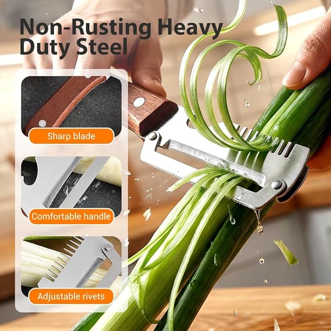 Vegetable Peeler, 3 in 1 Stainless Steel Wide Blade Peeler with Wooden Handle, Multifunctional Kitchen Peeler with Scallion Shredder and Bottle Opener for Potato Carrot Fruit Cucumber, 1 Pack