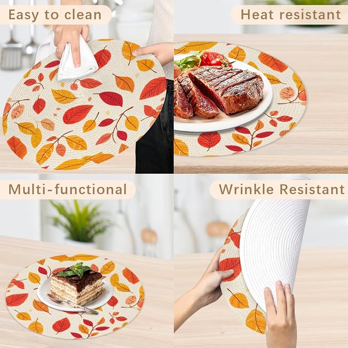 Round Placemats Set of 4, Autumn Maple Leaves Woven Placemats Mats Non-Slip Heat Resistant Washable Table Mats Round Braided Place for Farmhouse Kitchen Dining Party Decor 15in-6