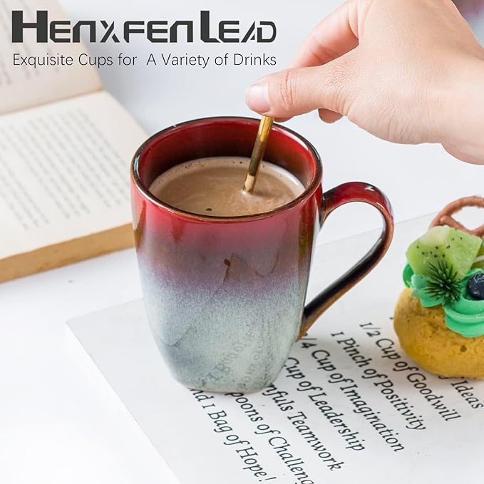 HENXFEN LEAD Coffee Mugs Set of 4 - Ceramic Cups 10 Oz with Large Handle for Coffee, Soup, Tea, Milk, Latte and Cocoa, Mug Gift Set Microwave & Oven, Dishwasher Safe - Red
