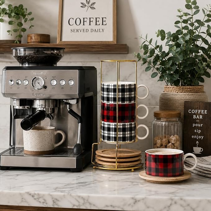 LUKA Porcelain Espresso Cup with Metal Stand,6 Ounce Stackable Ceramic Demitasse Espresso Mugs Cappuccino Cups Set for Latte,Coffee,Cafe Mocha,Tea - Set of 4 (Plaid Red & Gray)