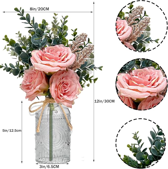 Silk Flowers with Vase, Artificial Flowers Arrangement with Glass Vase Artificial Flowers Bouquet for Decoration Table Centerpiece (Pink)