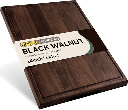 24 Inch Luxury American Black Walnut Wood Cutting Boards for Kitchen, Extra Large Reversible Wooden Cutting Board, Solid Hardwood Charcuterie Board Butcher Block Made in USA Gourmet Kitchen Gift