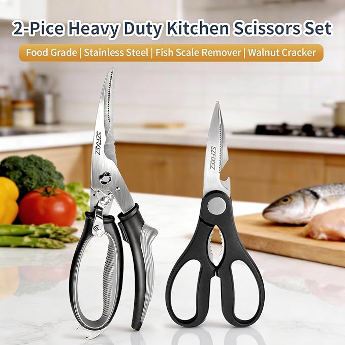 Kitchen Scissors Set 2 Pack, Heavy Duty Detachable Food Grade Stainless Steel Poultry Shears for Chicken Bones, Fish, Meat, Vegetables, Multipurpose Shears with Bottle Opener