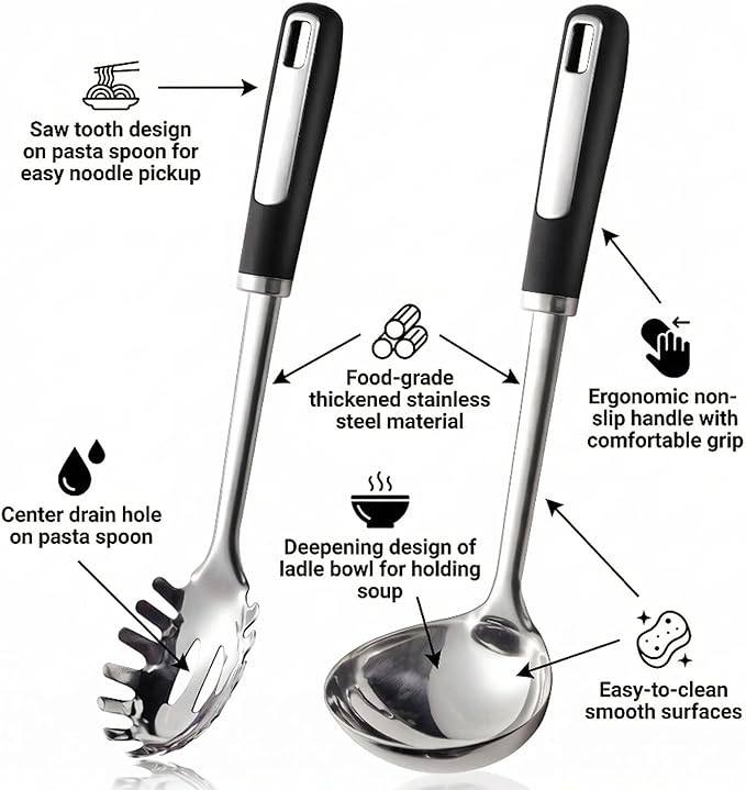 Stainless Steel Ladle and Pasta Server Set, Food-Grade Thickened Metal Soup Ladle & Spaghetti Spoon with Non-Slip Handles, Durable Cooking Utensils for Pasta, Soup & Everyday Kitchen Use