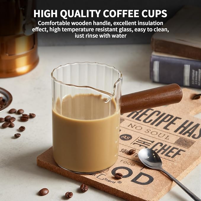 Espresso Measuring Cup 9 Oz, Espresso Glass Cups with Wood Handle, Milk Frothing Cup, Espresso Cup for Coffee, Milk, Tea or Maple Syrup Serving (Transparent, 9 oz)