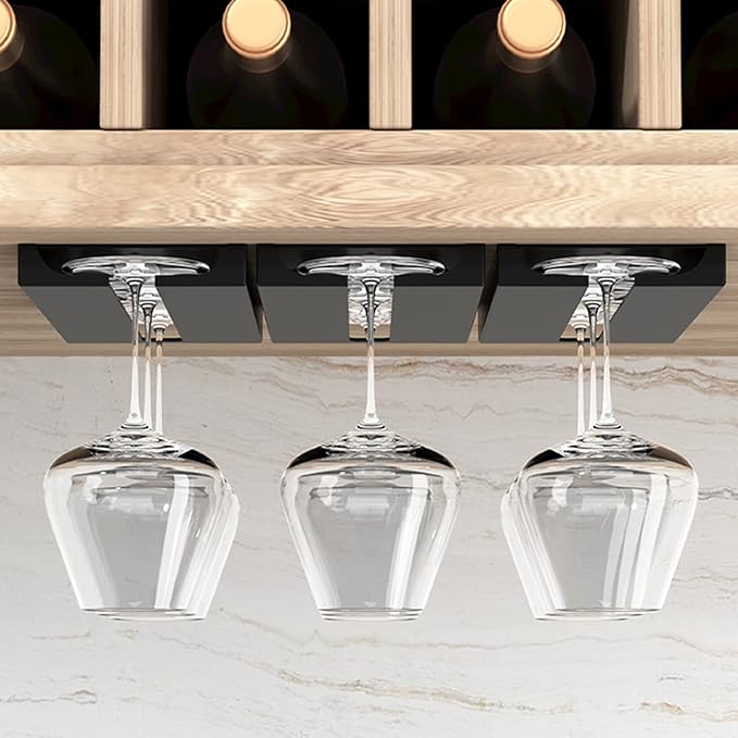 4 PCS Under Cabinet Punch-free Plastic Wine Glass Holder,No Drilling Stemware Rack Glasses Storage Hanger Hanging Stemware Rack for Bar Cabinet Kitchen,Black