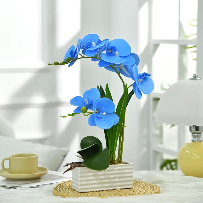 Artificial Real Touch Orchid Flowers in Pot Fake Phalaenopsis Flower with White Ceramic Vase Faux Orchids Arrangement for Home Table Office Wedding Party Decoration (Blue)