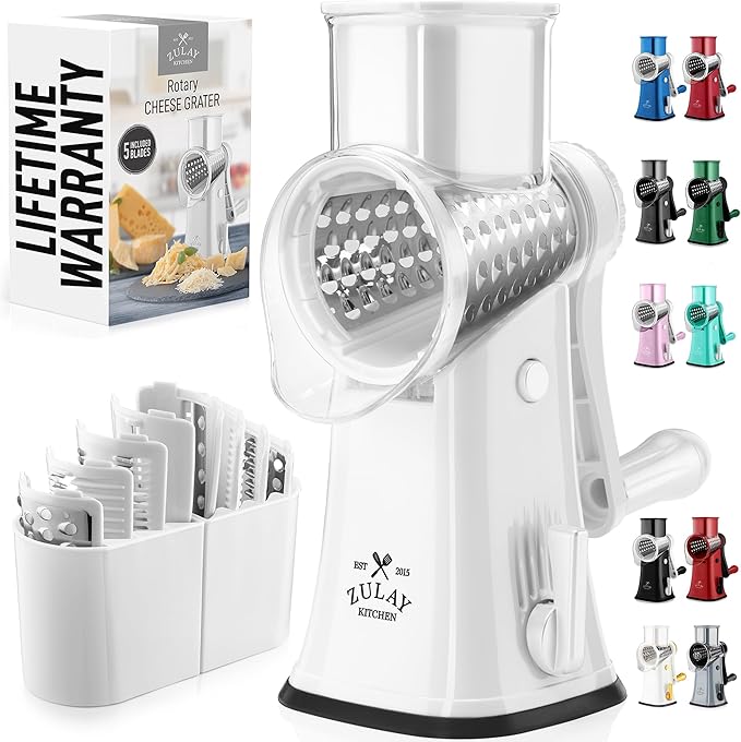 Zulay Kitchen Rotary Cheese Grater 5 Blade Cheese Shredder - Manual Hand Crank Cheese Grater With Reinforced Suction & 5 Interchangeable Drums - Easy to Use, Vegetable Chopper Round Mandoline Slicer