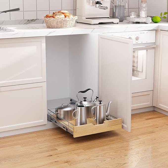 Sikarou Pull Out Cabinet Organizer,Heavy-Duty Slide Out Shelf, Wood And Wire Basket, Pull Out Drawer for for Kitchen Under Sink Space, Pantry, Bathroom (23 * 21 WM)