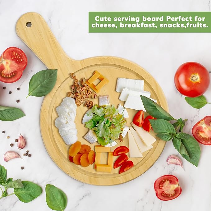 LorisArm 7" Mini Pine Wood Cutting Board with Handle, Small Serving board Wooden Round Pizza Peel Paddle for Homemade Baking Pizza Bread Cake Fruit Vegetables.