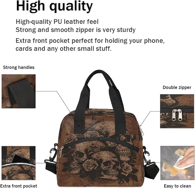 Pardick Skull Skeleton Vintage Insulated Lunch Bag for Women Girl Reusable Lunch Tote Box With Shoulder Strap Lightweight Thermal Cooler Meal Prep Bag for Work School Office Picnic