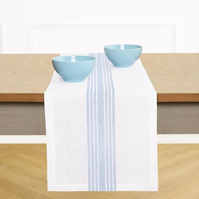 Solino Home Linen Striped Table Runner 132 Inches Long - Farmhouse 100% Pure Linen Dusty Blue and White Dining Table Runner 14 x 132 Inch for Summer