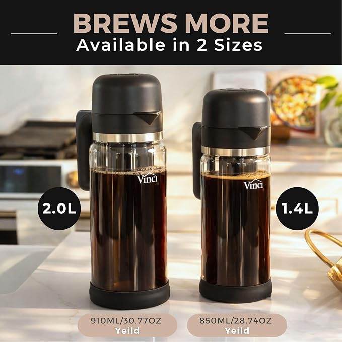 VINCI Express Cold Brew, Electric Cold Brew Coffee Maker in 10 minutes, Glass Carafe, 3 Brew Strength Settings & Cleaning Cycle, Easy to Use & Clean, Cold Brewer for Iced Coffee, 1.4 L