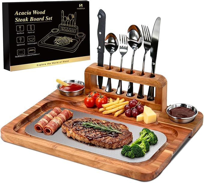Acacia Wood Steak Board Set,16.5" Magnetic Charcuterie Board with Stainless Steel Scratch-Proof Cutting Surface Wooden Serving Platter with Cutlery & Sauce Cup for BBQ Dinner Party Housewarming Gift