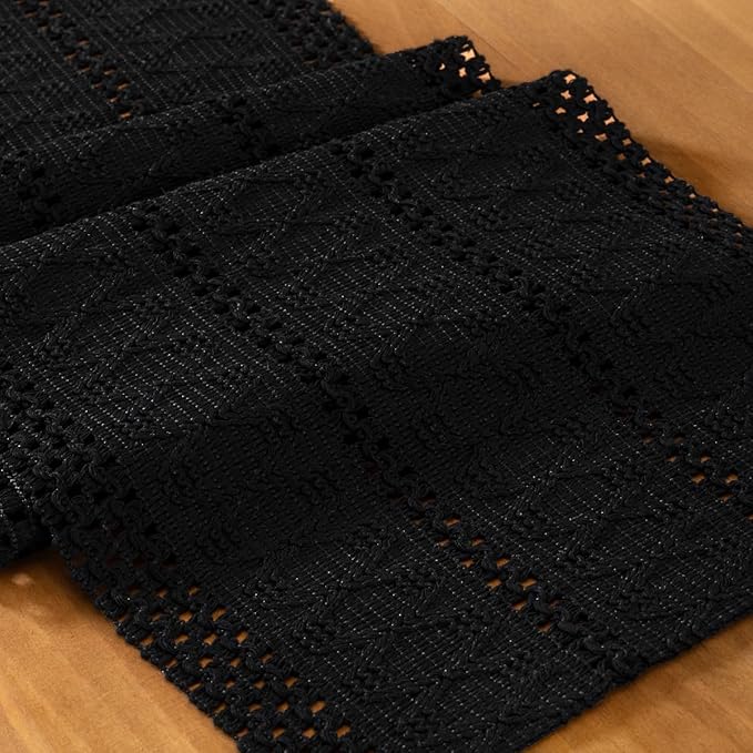 MLMC Black Boho Table Runner Farmhouse Macrame Woven Table Runner 36 inch Long Rustic Cotton Linen Blend Table Decor for Dinning Kitchen Wedding Bridal Shower Eveyrday Use 12x36 Inch