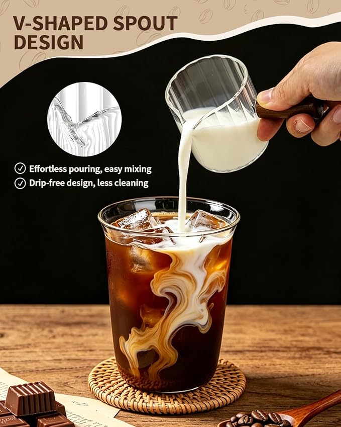 2 Pack Espresso Measuring Cups, 4oz Borosilicate Glass Espresso Shot Glasses with Wood Handle, V-Shaped Spout Ribbed Milk Frothing Cup, Measuring Cup for Coffee, Latte, Cappuccino, Tea, Syrup