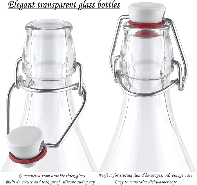 Estilo Swing Top Easy Cap Clear Glass Bottles with Caps, Round, 8.5 oz, Set of 6 - Standard Size, Flip Top Glass Bottles to Store Home Brews, Oils, Vinaigrettes, Wines, Beer, Teas - Syrup Bottles